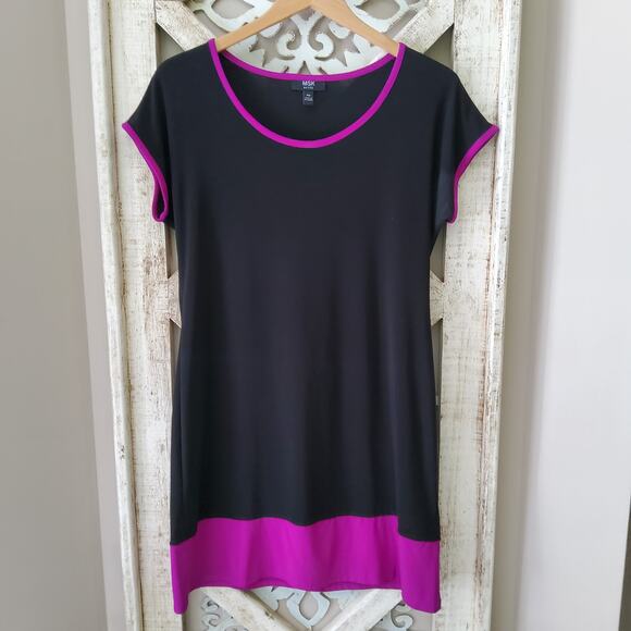 MSK Women's Petite Short Sleeve Shift Midi Dress in Black & Purple - Picture 6 of 7